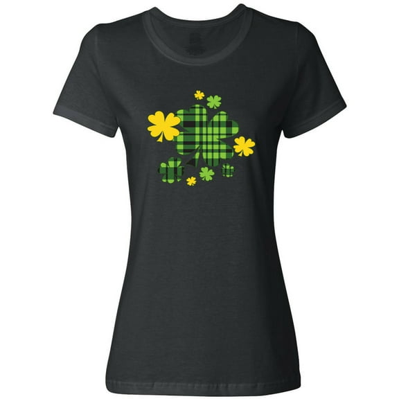 Inktastic St. Patrick's Day Plaid Green and Yellow Shamrocks Women's T-Shirt
