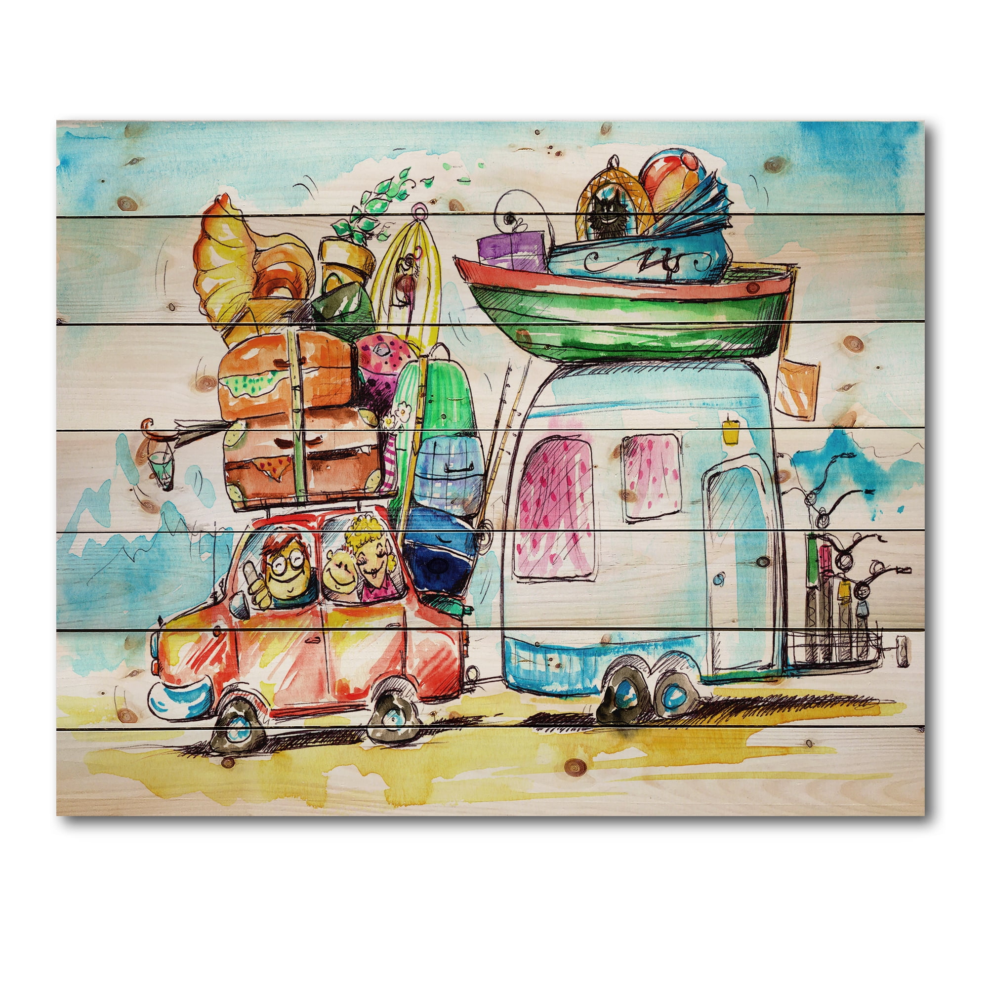 Designart 'Caravans With Family Travel' Farmhouse Print on Natural Pine Wood