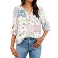 thumbnail image 6 of Women's Patchwork Floral 3/4 Sleeve Blouse - V-Neck Button Down Boho Tunic Top, Lightweight Casual Loose Fit Shirt for Spring Summer Sky Blue XXL, 6 of 6
