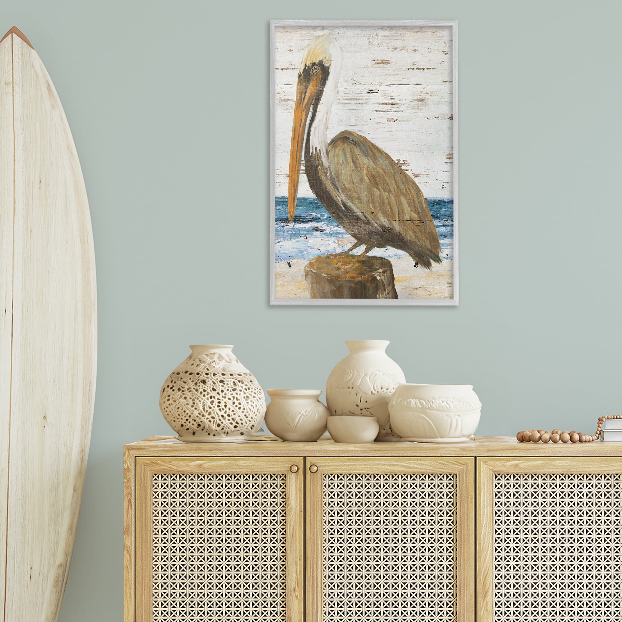 Stupell Industries Rustic Ocean Pelican Animals & Insects Painting Gray Framed Art Print Wall Art, 20 x 30