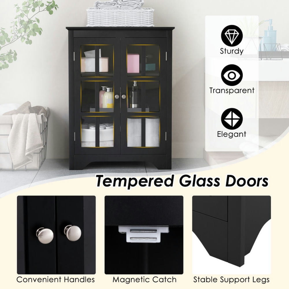 Finihen Storage Cabinet, Floor Cabinet, Freestanding Display Storage Cabinet with 2 Glass Doors and Adjustable Shelves, for Bathroom, Living Room, Bedroom, Kitchen, Black