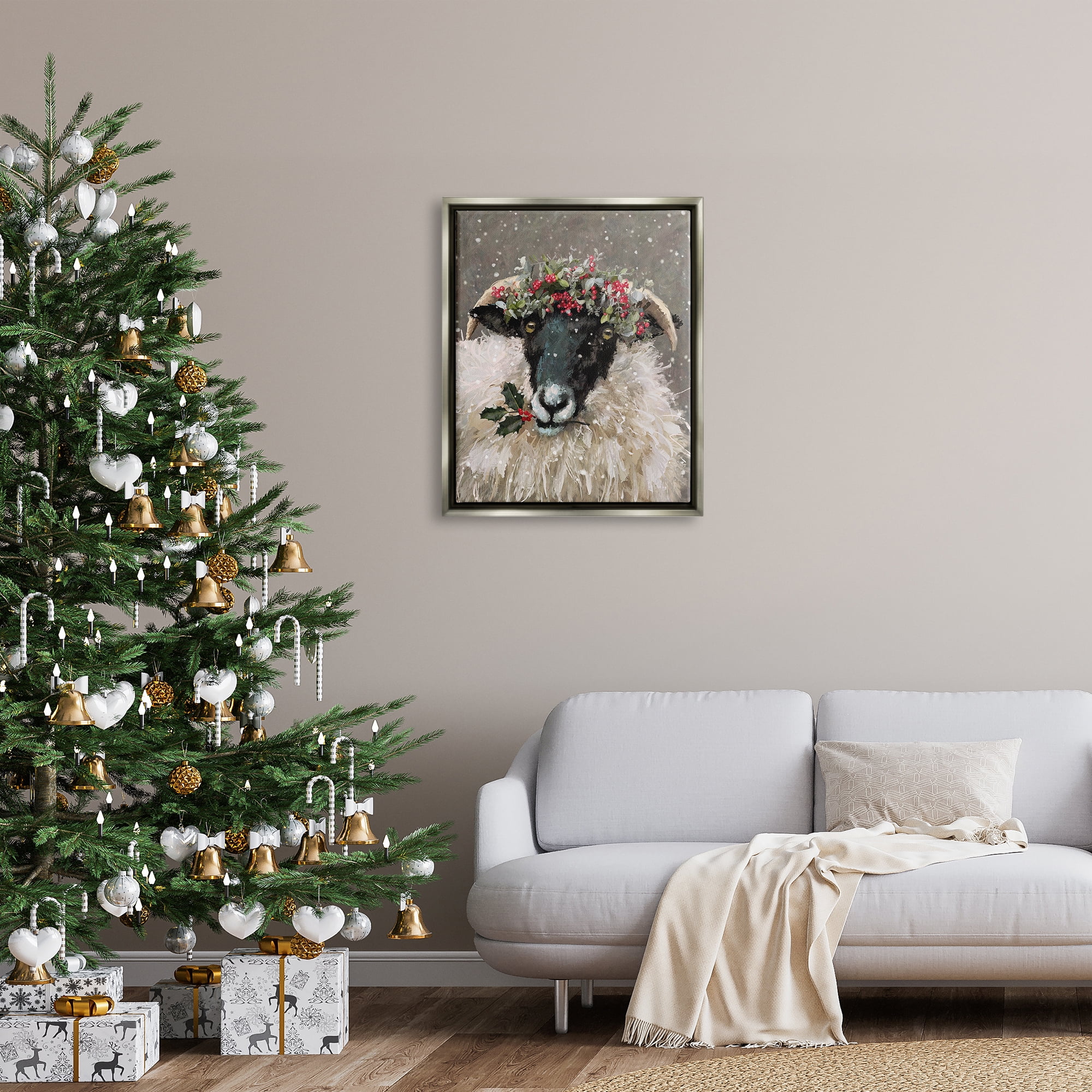 Stupell Industries Holiday Berries Farmhouse Sheep Holiday Painting Gray Floater Framed Art Print Wall Art