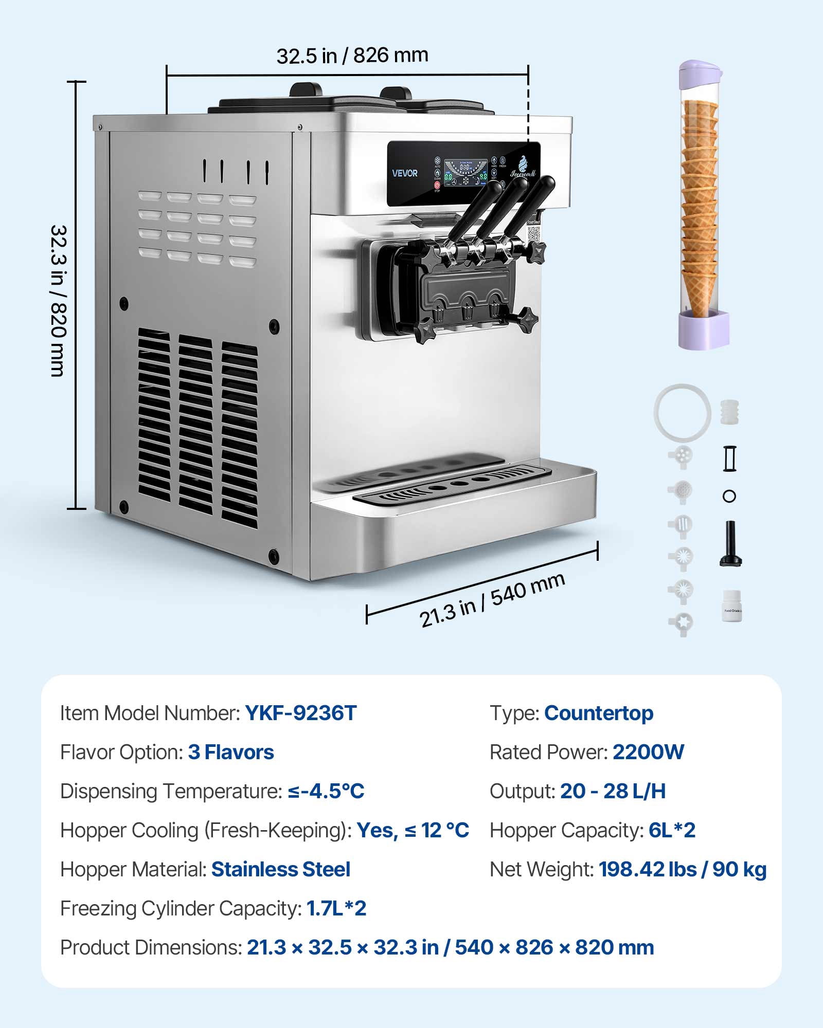 VEVOR Commercial Ice Cream Machine, 20-28L/H Yield, 2200W 3-Flavor Countertop Soft Serve Ice Cream Maker with 2 x 6L Hoppers & Built-In Puffing Pump, Pre-Cooling Low-Mix Alert for Snack Dessert Shops