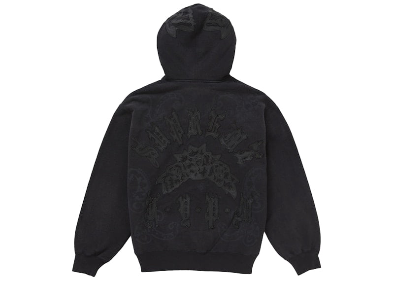 Supreme Men's Leather Applique Zip Up Hooded Sweatshirt Black
