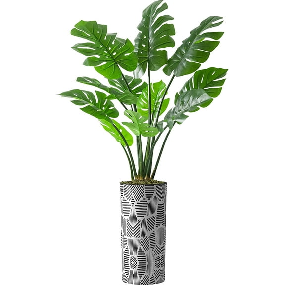 Artificial Tree in Contemporary Geometric Pattern Planter, Fake Monstera Silk Tree for Indoor and Outdoor Home Decoration - 65" Overall Tall (Plant Pot Plus Tree)