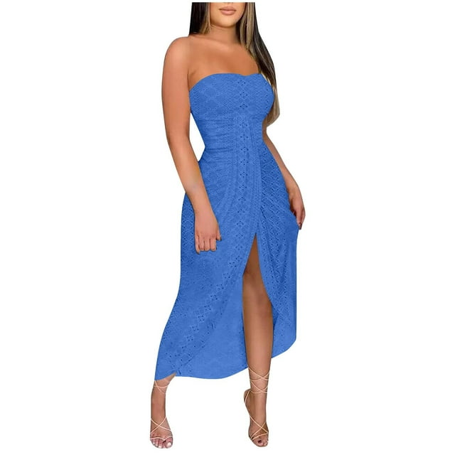 2025 Eyelet Sleeveless Tube Cocktail Party Dress Wrap Asymmetrical Beach Long Dress Ruched Bodycon Strapless Off Shoulder Sun Dresses with Slit