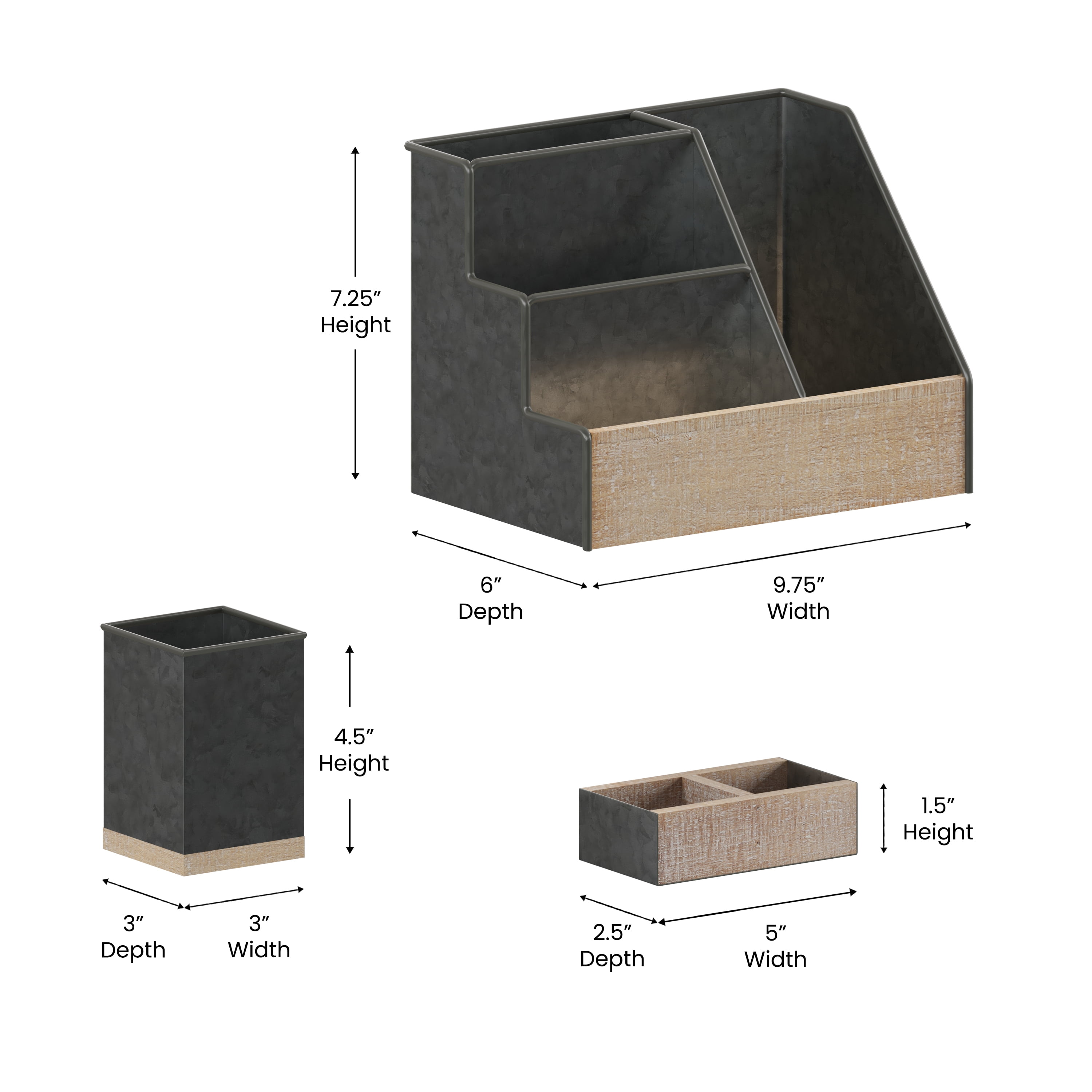 Merrick Lane 3 Piece Desk Organizer Set for Desktop, Countertop, or Vanity in Galvanized Finished Metal and Rustic Wood