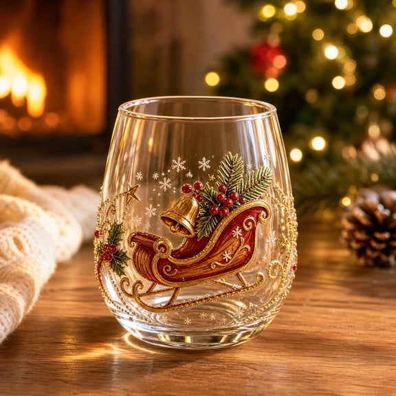 Ynsdnzl Christmas Stemless Glass - 4 Designs Available: Wreath, Bow, Ornaments & Sleigh Print Tumbler for Holiday Drinks & Decor