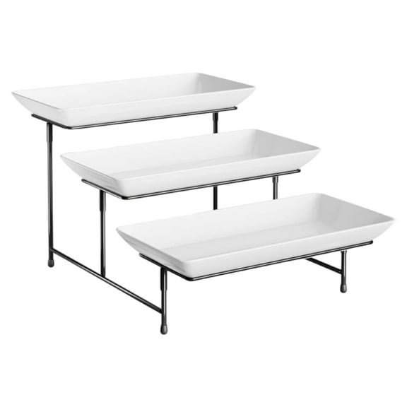 Elite Gracious Dining 3-Tier Serving Display Stand, Rectangular White Porcelain Plates, Tiered Serving Display - Elegant Food Presentation Display for Parties, Catering, Entertaining Events(Black)