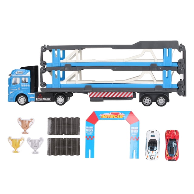 Camión de transporte de aleación Mega Hauler, camión transportador de coches, juguete con pista de carreras de expulsión para niños, 59,1 pulgadas, azul