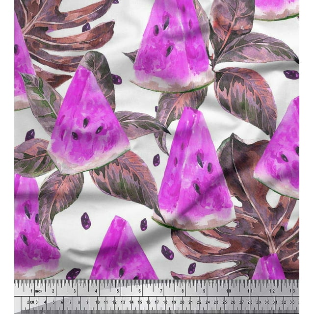 Soimoi Modal Satin Fabric Monstera Leaves & Watermelon Fruits Print Fabric by The Yard 42 Inch Wide
