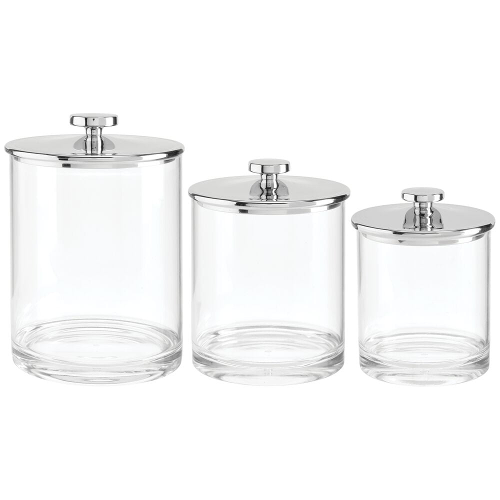 mDesign Plastic Apothecary Canister Jar Storage Organizer for Bathroom, Bedroom, Vanity, Kitchen Cabinet Organization - Holds Cotton Swab, Wedges - Lumiere Collection - Set of 3 - Clear/Chrome