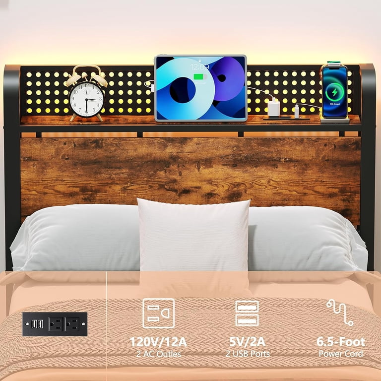 Anwick Industrial Full Bed Frame With LED Lights & USB Ports, Storage Headboard, No Box Spring Needed