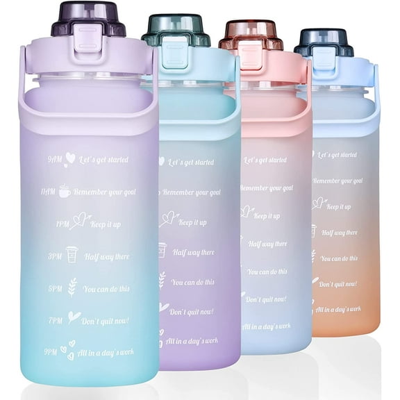 Large Half Gallon 64 OZ Motivational Water Bottle with Straw Time Marker BPA Free for Sport and Fitness Purple Green