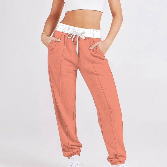 JUSLIO Womens Sweatpants Drawstring Joggers Color Block Sweatpants Comfortable Outdoor Workout Business Casual Pants Pink XXL