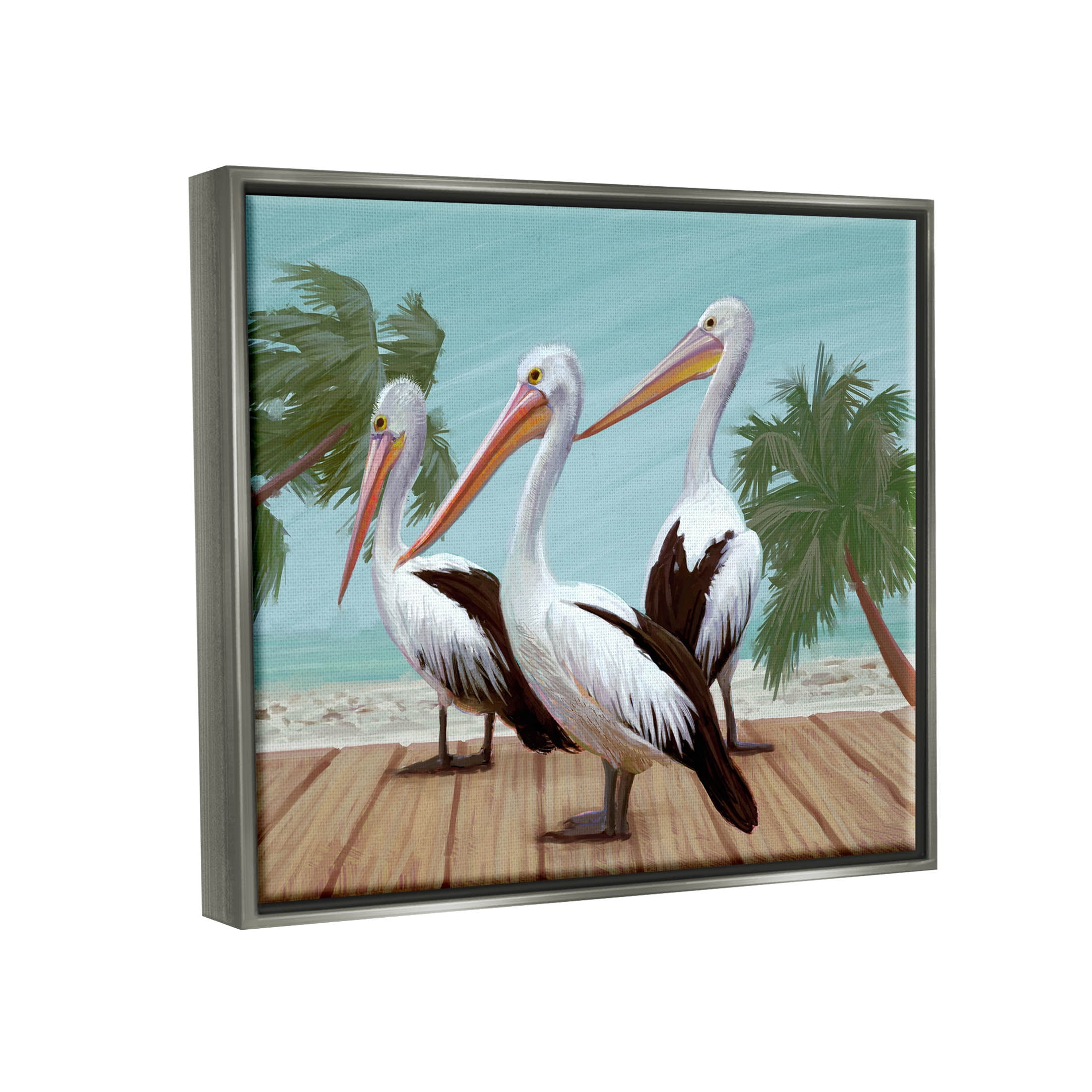 Stupell Industries Tropical Pelicans Beach Boardwalk Painting Luster Gray Floating Framed Canvas Print Wall Art, Design by Ziwei Li