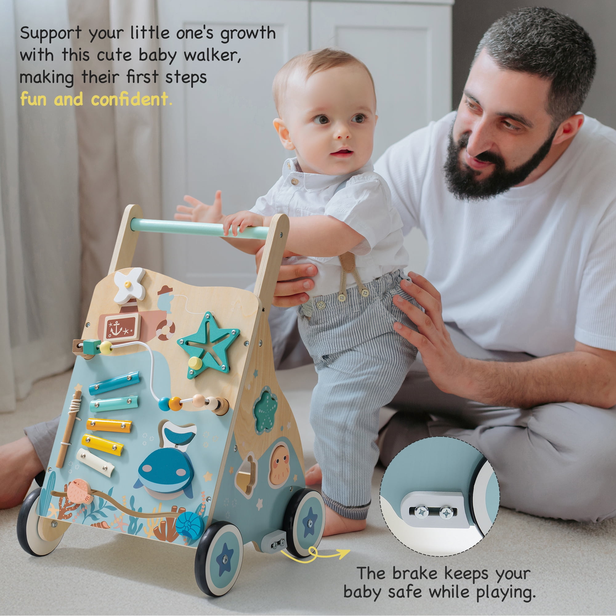 Robud Wooden Baby Push Walker, Ocean-Themed Wooden Baby Walker with Wheels, Sit-to-Stand Activity Center, Push Toy for Toddlers, for Boys and Girls