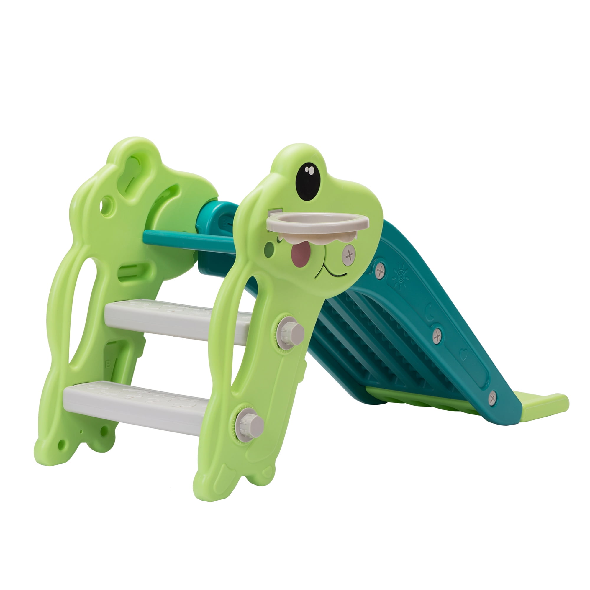 Kadyne 3 in 1 Toddler Slide Kids Slide, 42.9" Frogs Play Slide for Outdoor and Indoor, Play Slide with Basketball Hoop, Ball and Ladder, Green Kadyne 3 in 1 Toddler Slide Kids Slide, 42.9" Frogs Play Slide for Outdoor and Indoor, Play Slide with Basketball Hoop, Ball and Ladder, Green