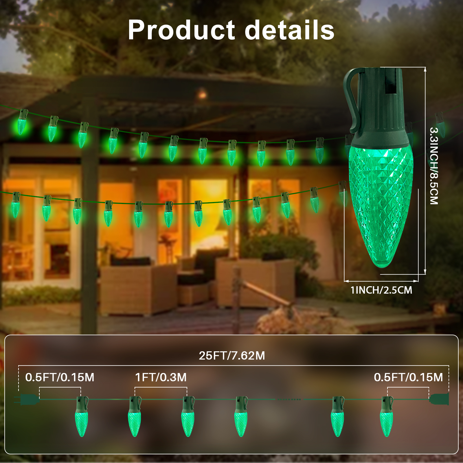 LAMPHOME Green C9 Christmas String Light Outdoor, 25FT Shatterproof LED for House Rooflines & Pathways, Connectable Waterproof Vintage Christmas Light for Tree, Yard, Patio, Porch, Garden