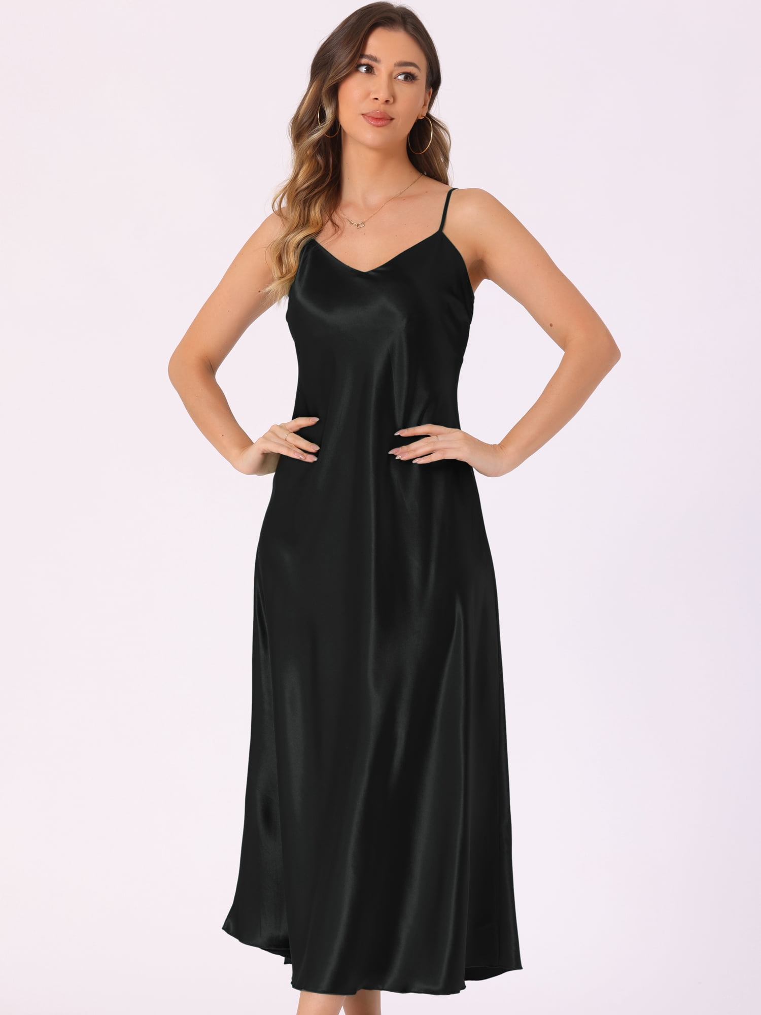 DARING DIVA Satin V Neck Spaghetti Strap Silky Maxi Dress 2XL Black