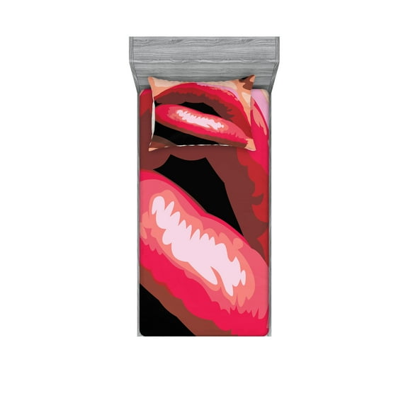 Ambesonne Retro Fitted Sheet & Pillow Sham Set, Woman Red Lips Charming Mouth, Twinxl, Coral and Tan