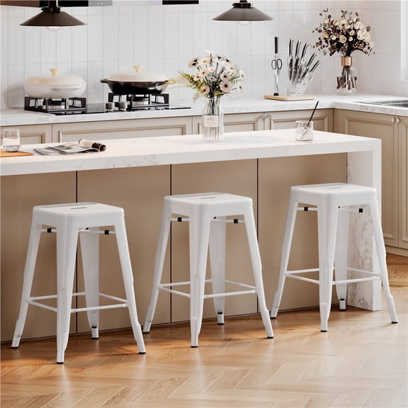 Yaheetech 24" Height Backless Metal Bar Stools with Footrests, Set of 4, White