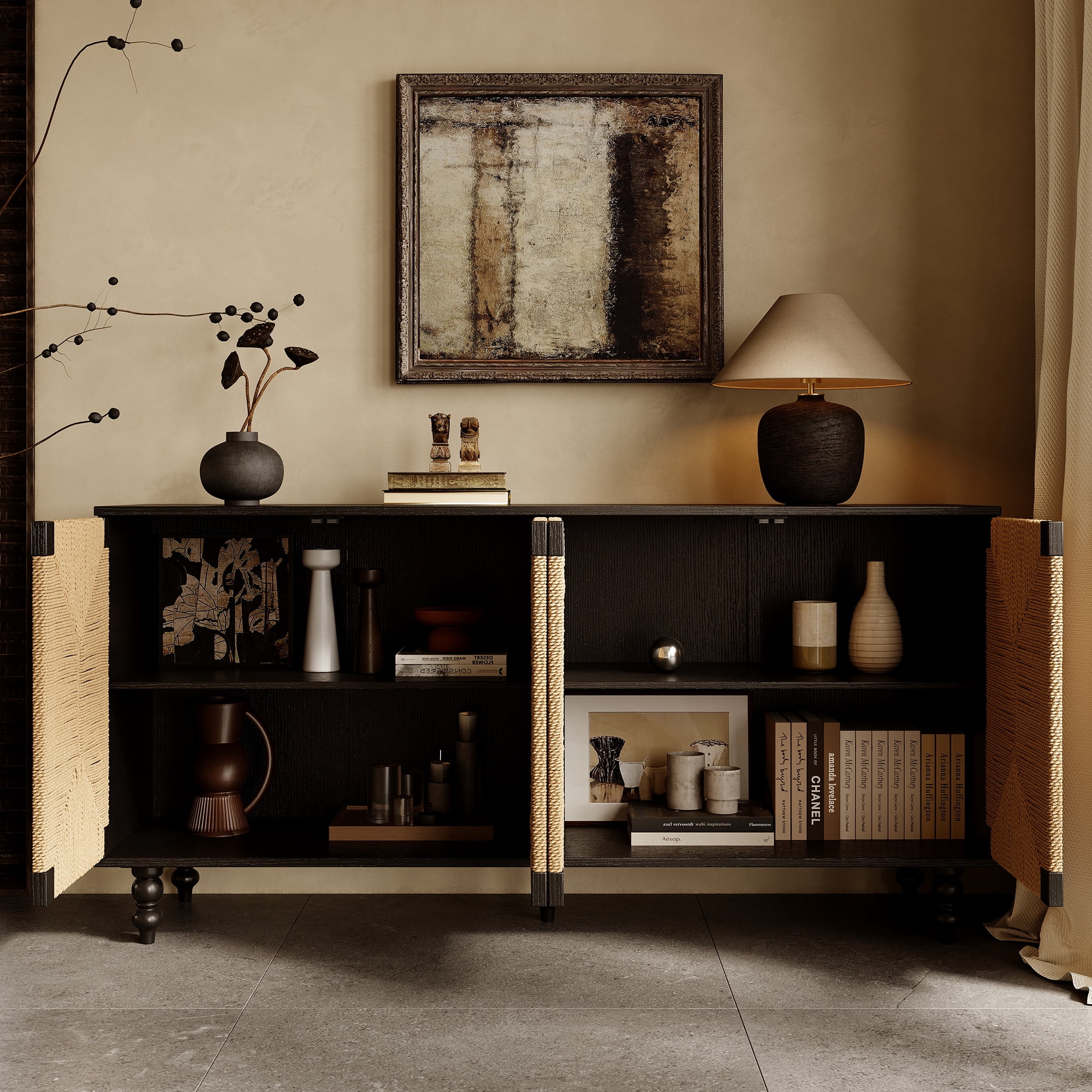 GARITIN Sideboard Buffet Cabinet, Accent Storage Wood TV Stand with Wire-Brushed Seagrass Doors, 4-Compartment Cabinet for Hallway Entryway Dining Room, Black+Natural