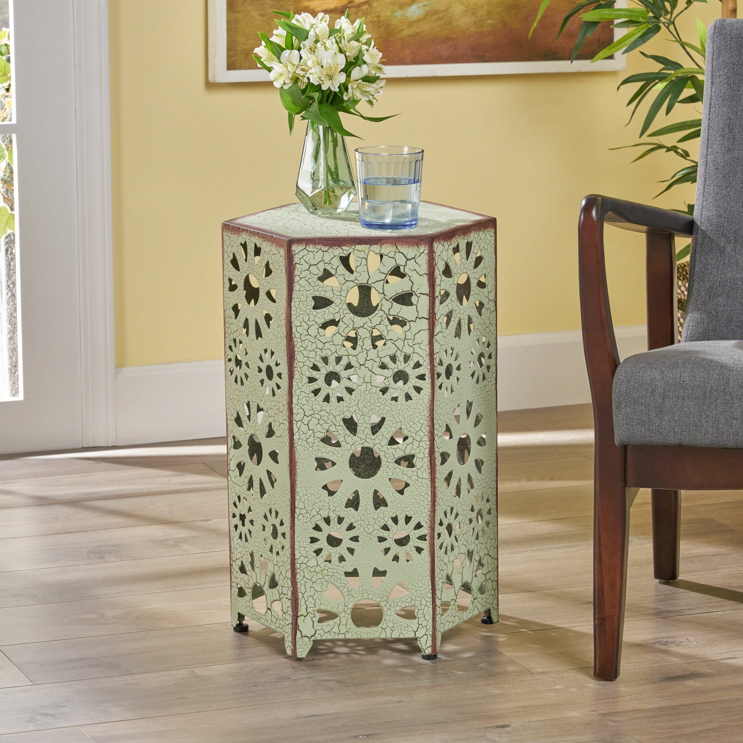 Noble House Vania Iron Hexagonal Side Table, Green