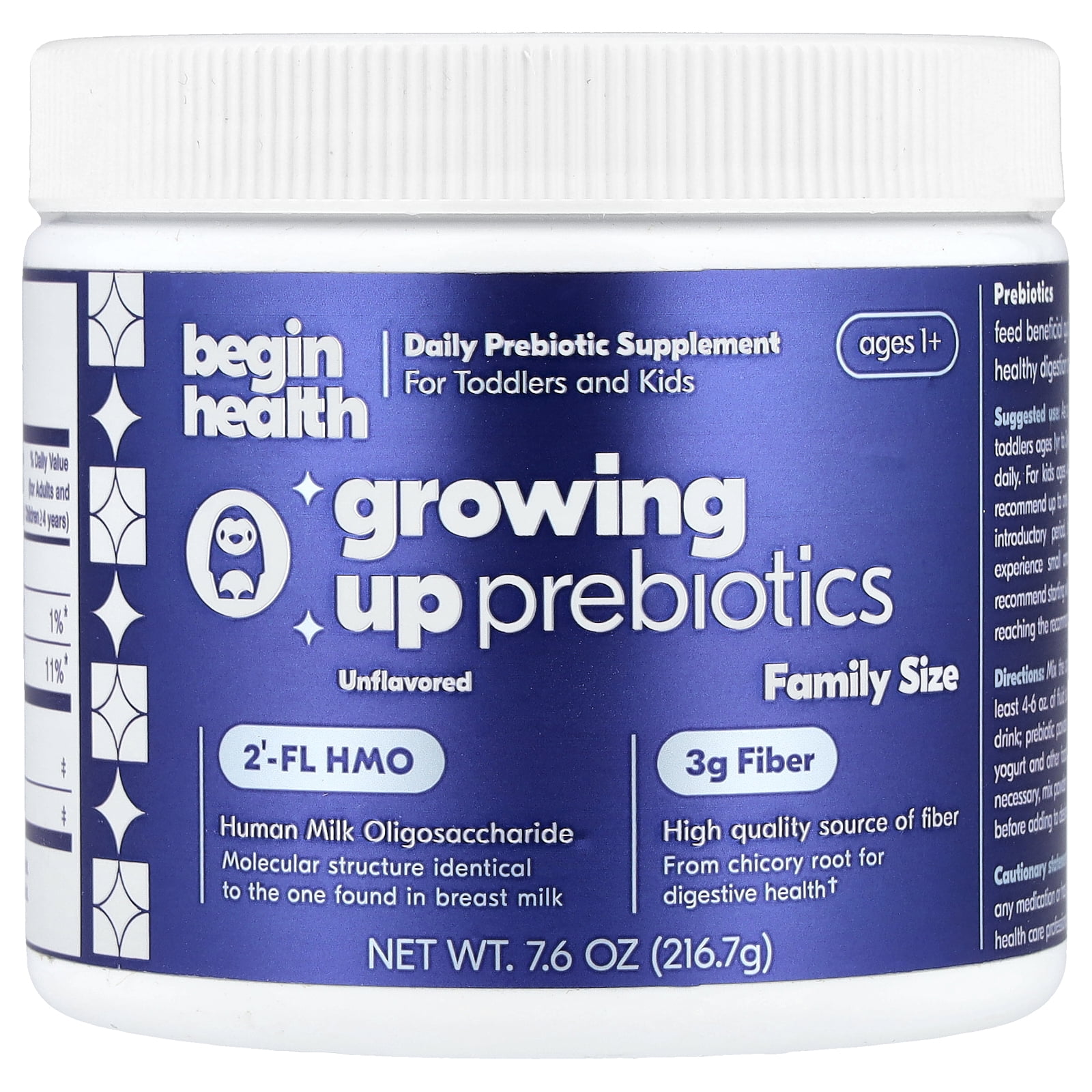 Begin Health Kids, Growing Up Prebiotics, Ages 1+, Unflavored, 7.6 oz (216.7 g)