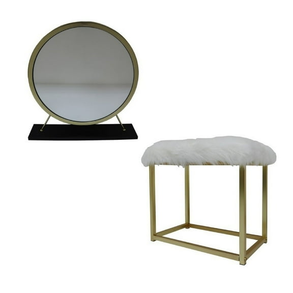 Benjara Rose Round Vanity Mirror with Stool, Faux Fur Seat, Brass, Black