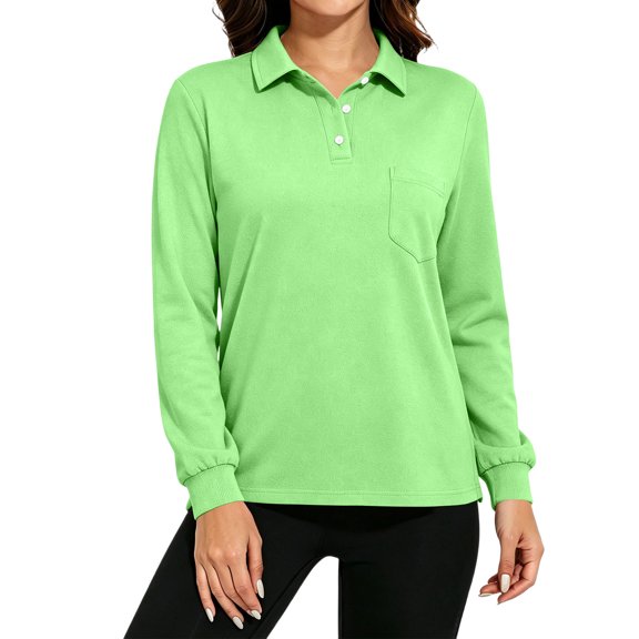 Polo Shirts for Women Cotton Button Collared Golf Long Sleeve Tops With Pocket Front, L