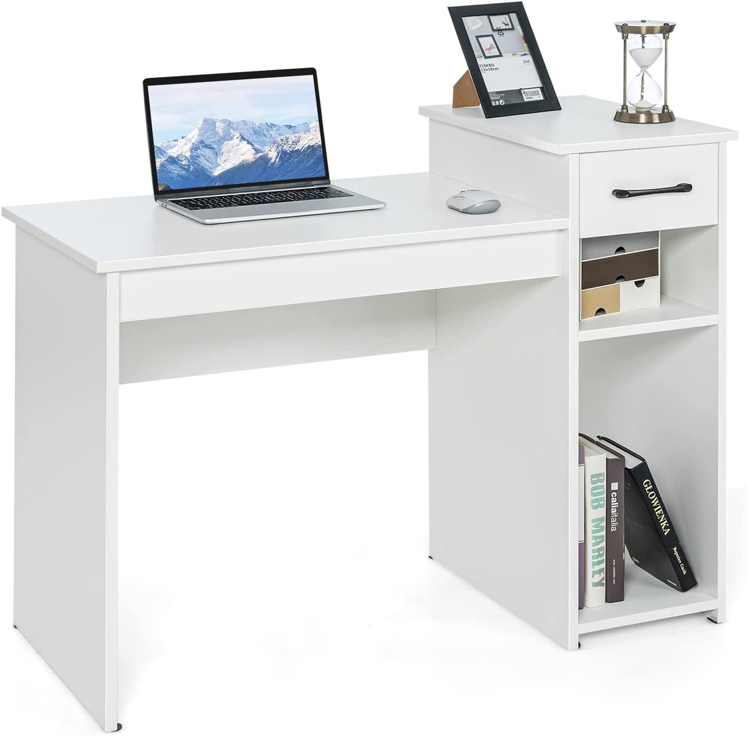 CHIE White Desk with Storage Drawer & Shelves, Compact Desk for Small
