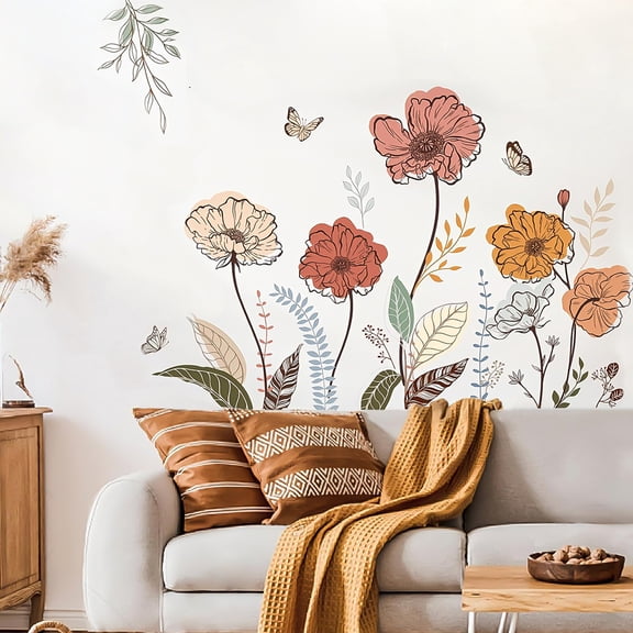 Jimin Boho Flower Wall Stickers, Wildflower Floral Grass Peel and Stick, Wall Art Decals for Living Room Bedroom TV Wall