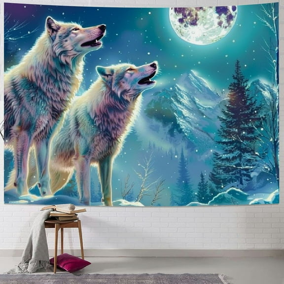 Shiartex  Cool Wolf Tapestry for Men, Fantasy Animals Psychedelic Moon Tapestry Wall Hanging for Boys Bedroom, Wolf Snow Mountian Forest Tapestry Blanket College Dorm Home Decor 40x30inch