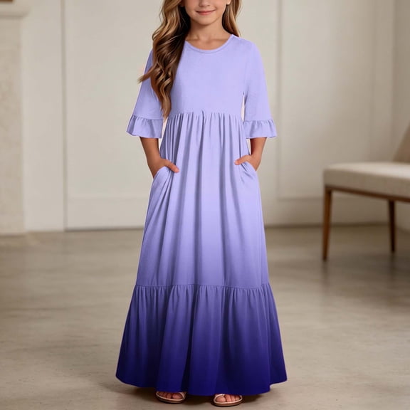 Little Girls Maxi Dress 4-14 Years Ruffle Half Sleeve Round Neck Floral Print Tiered Long Dress with Side Pockets Purple O 7-8 Years
