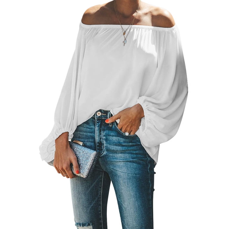 HAiming Women off Shoulder Tops Trendy Solid Color Lantern Long
