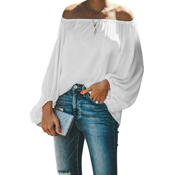 aidice Tops for Women Trendy off Shoulder Long Sleeve Loose Casual Shirts Ruched Solid Color Blouses