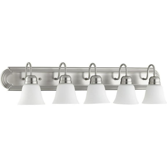 5-Light Bathroom Light with Clear Seeded Bell-Shaped Glass Shades with Oiled Bronze Back Plate 36 inches W  8 inches H-Satin Nickel Finish-Satin Opal