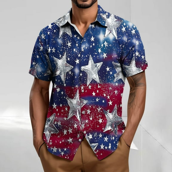 cllios Red White and Blue Mens Button Down Shirts Cotton Linen Short Sleeve Patriotic Shirt 4th of July Beach Tops Men Button Up Shirts for Independence Day
