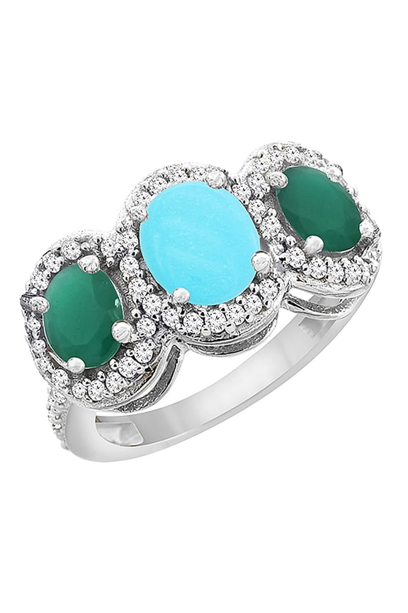 14K White Gold Natural Turquoise & Emerald 3-Stone Ring Oval Diamond Accent, size 7