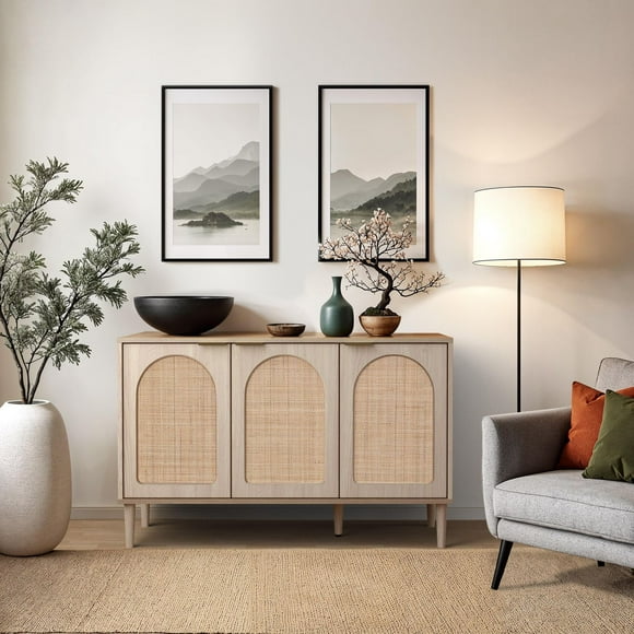 CorLiving Freya 3 Arched Rattan Door Sideboard Buffet Cabinet with Shelves, Dining Roomn, Living Room, Accent Furniture, Light Brown