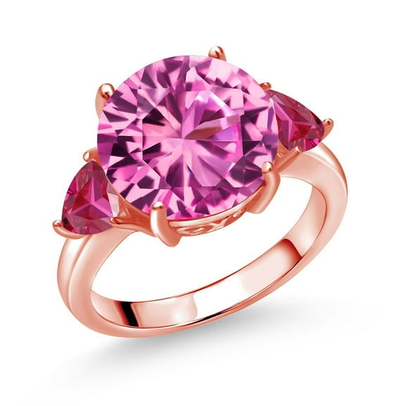 Gem Stone King 18K Rose Gold Plated Silver Pink Created Sapphire and Red Created Ruby 3-Stone Ring for Women (8.66 Cttw, Round 12MM, Trillion 5MM, Size 6)