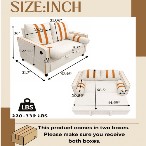 68.5 Inch Beige 2-Seater Pull Out Sleeper Sofa Bed with USB Charging Port, 3-Position Adjustable Backrest Convertible Loveseat for Living Room, Guest Room, Apartment