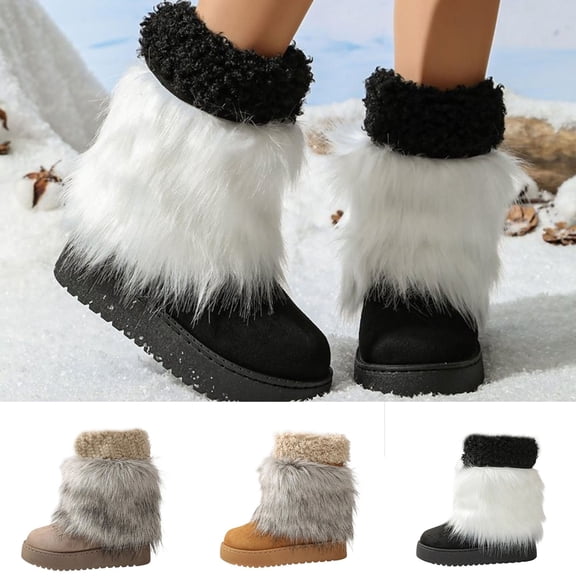 FRSASU Women's Faux Fur Winter Snow Boot Fuzzy Fluffy Mid-Calf Snow Boots Suede Warm Fur Lined Booties Khaki