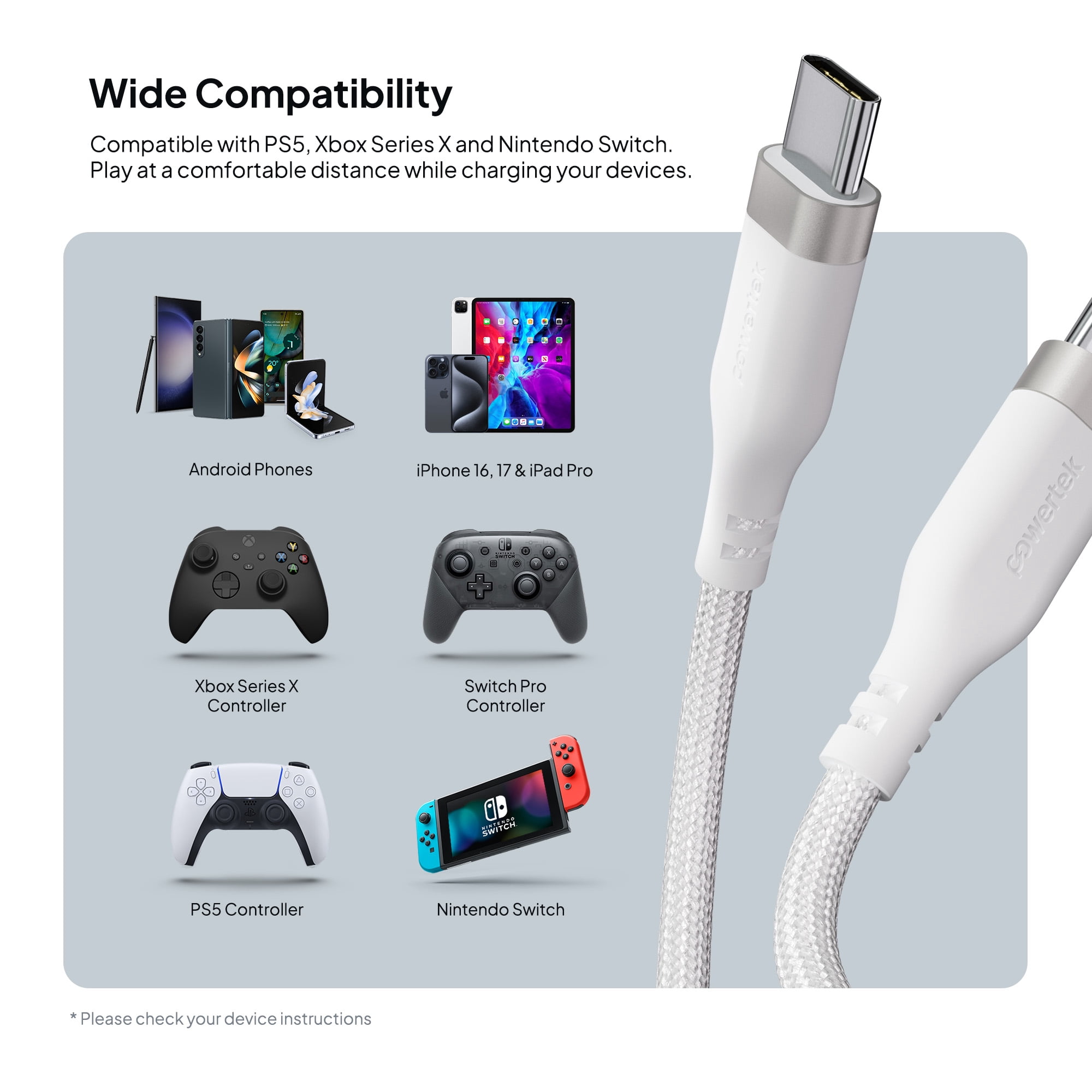 Liquipel Powertek USB C to USB C Fast Charger Cable, 6ft for Galaxy, Note, Tab, MacBook, Premium White
