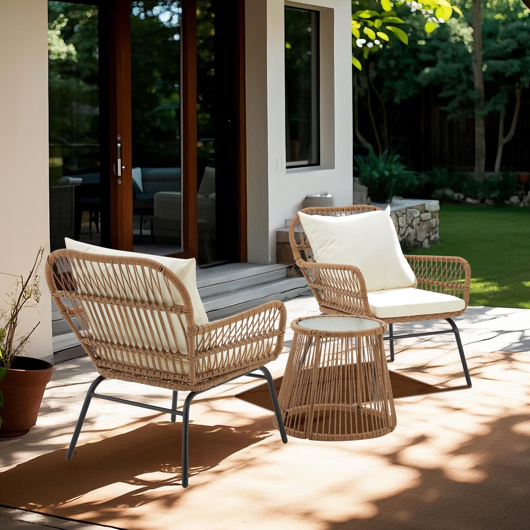 Bezseller 3-Piece Outdoor Wicker Furniture Set, Patio Conversation Set, Beige