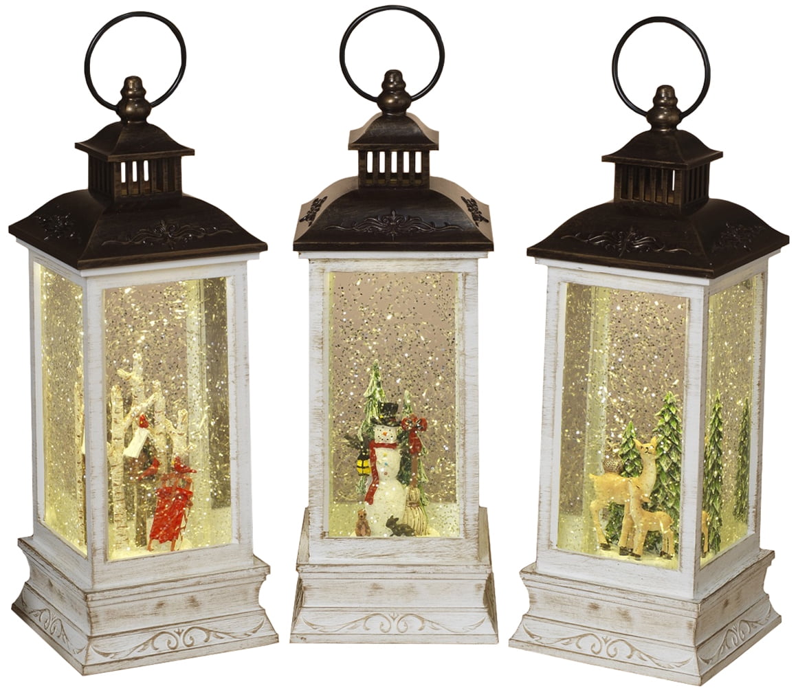 Battery Operated Winter Spinning Water Snow Globe Lanterns, (Set of 3