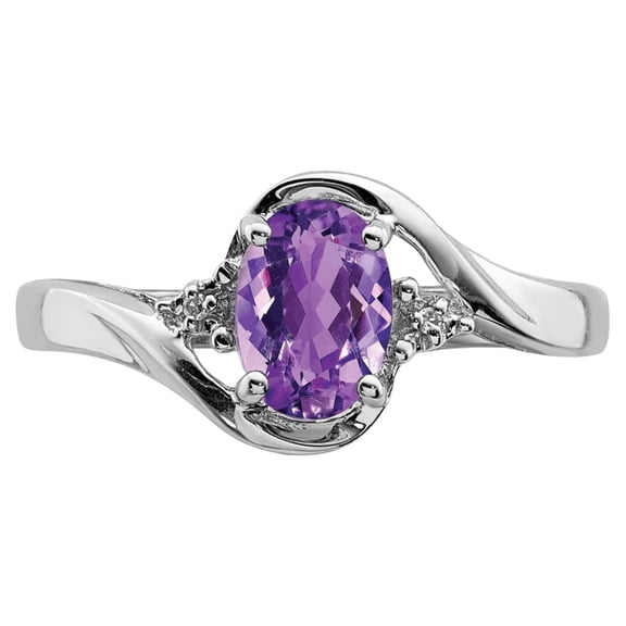 925 Sterling Silver Rhodium Plated Diamond and Amethyst Oval Ring Size 9 2mm Wide Ring for Women