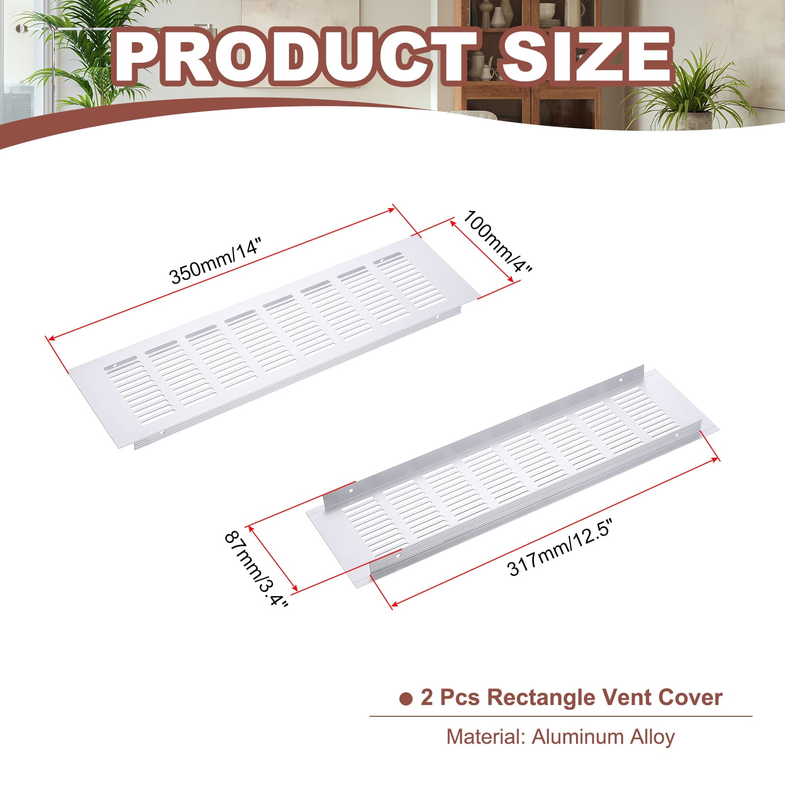 Uxcell 14 x 4" Rectangle Ventilation Grille 2Pcs Aluminum Air Vent Cover Silver