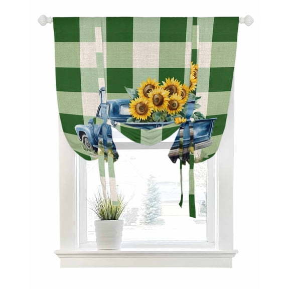 Blue Truck Yellow Sunflower Tie Up Curtains for Window, Thermal Insulated Balloon Shade Adjustable Rod Pocket Curtains Valance Panels for Kitchen Bathroom Cafe 42 x 63 Green Plaid Vintage Summer
